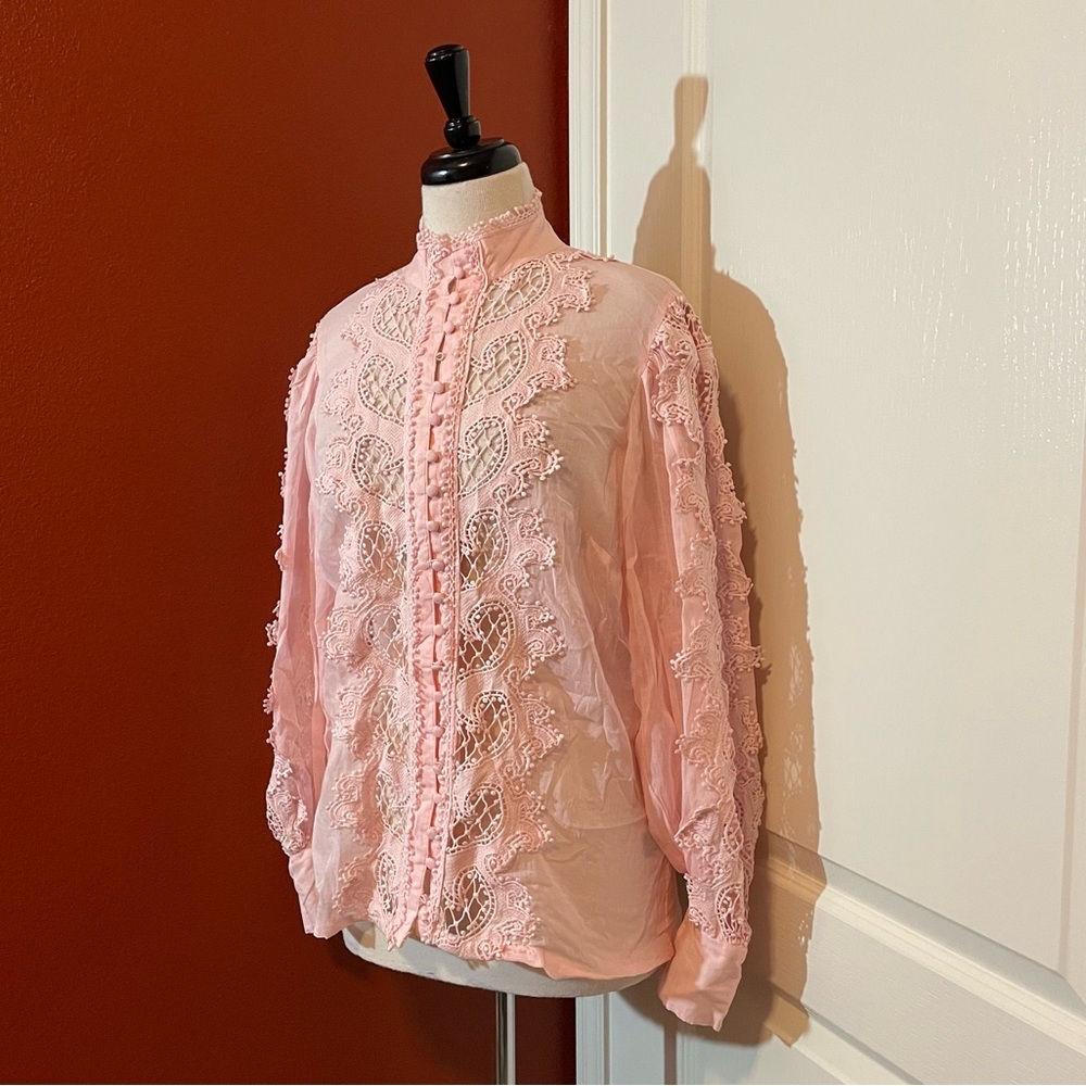Boston Proper Women’s Pink Cutout‎ Lace Inlay Button Up Blouse Romantic Top